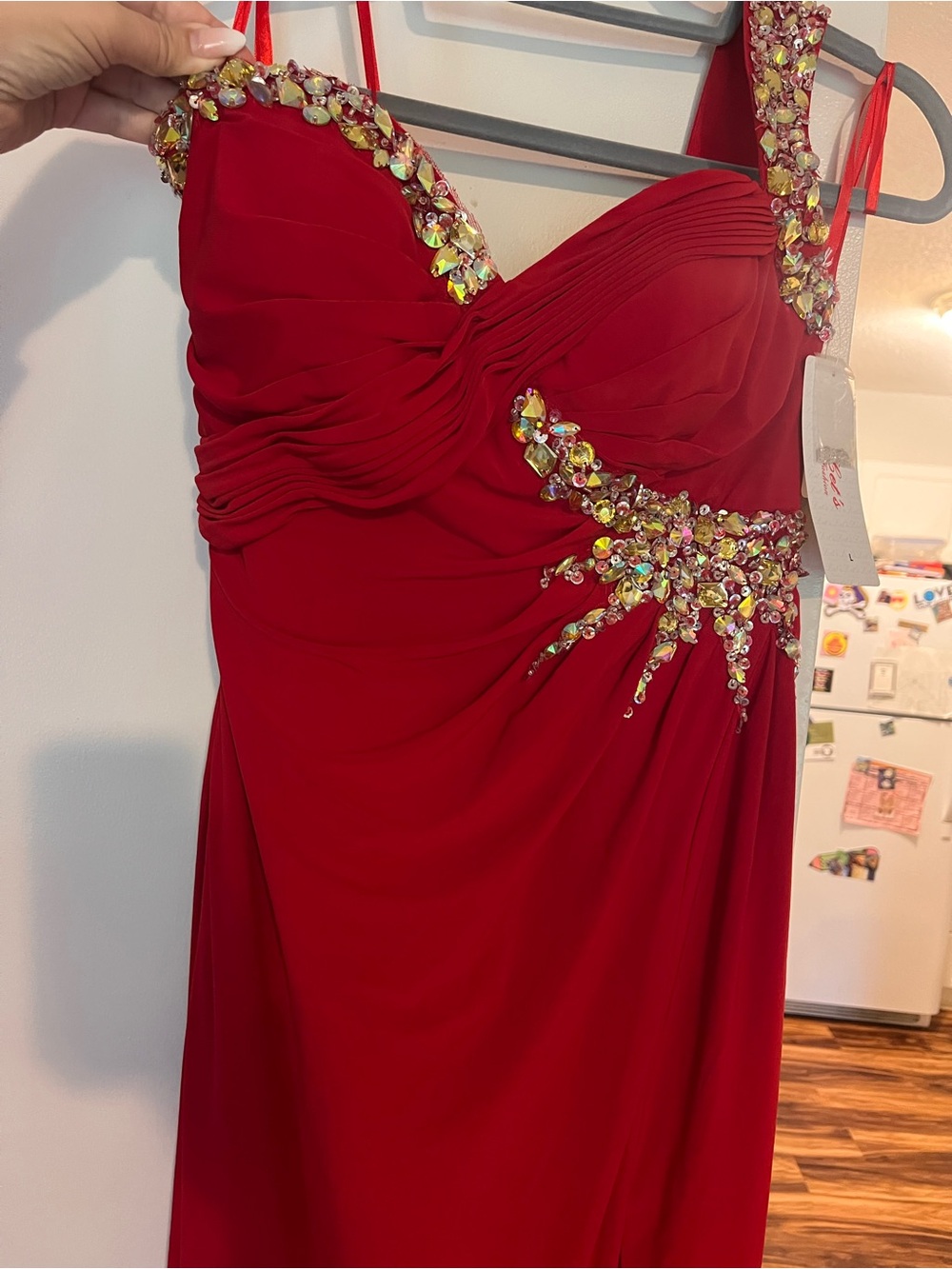 Red Jeweled Prom Gown with Ruched Bodice